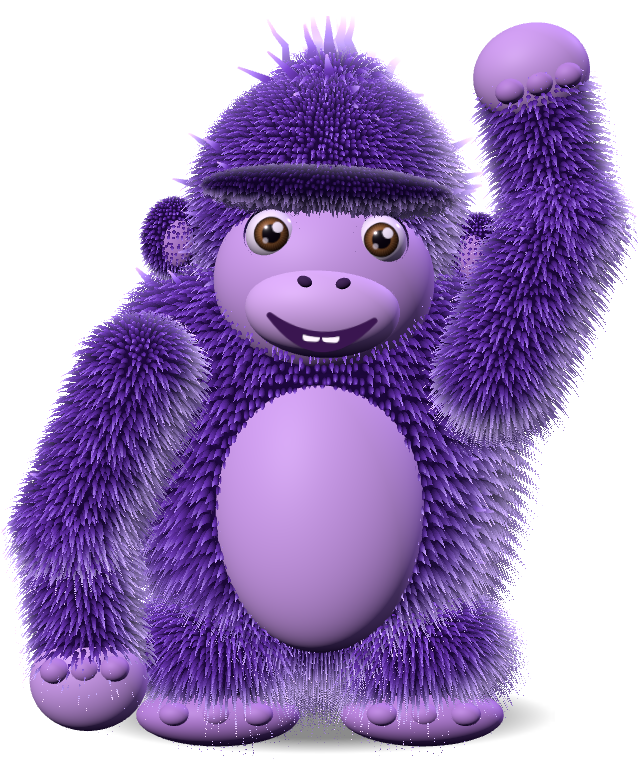 Buddy, a furry purple 3D gorilla, waving